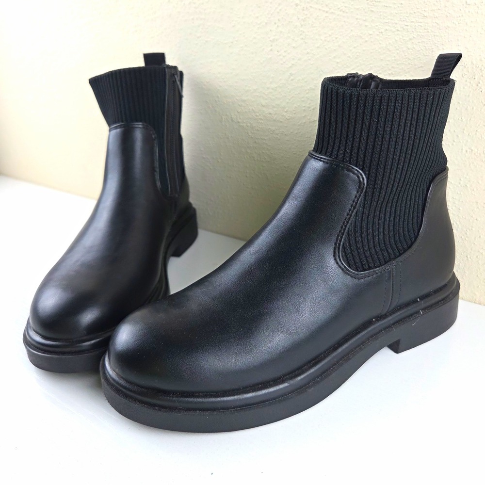 No Boundaries Womens Black Faux Leather Chelsea Ankle Boots Zip Round Toe Size 7